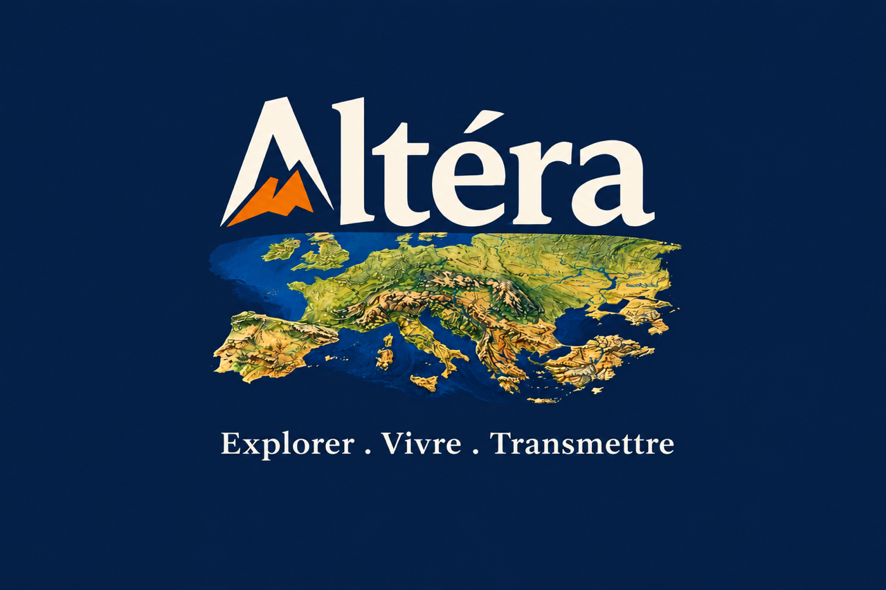 Logo ALTéRA — montagne stylisée, carte d'Europe et signature Explorer · Vivre · Transmettre